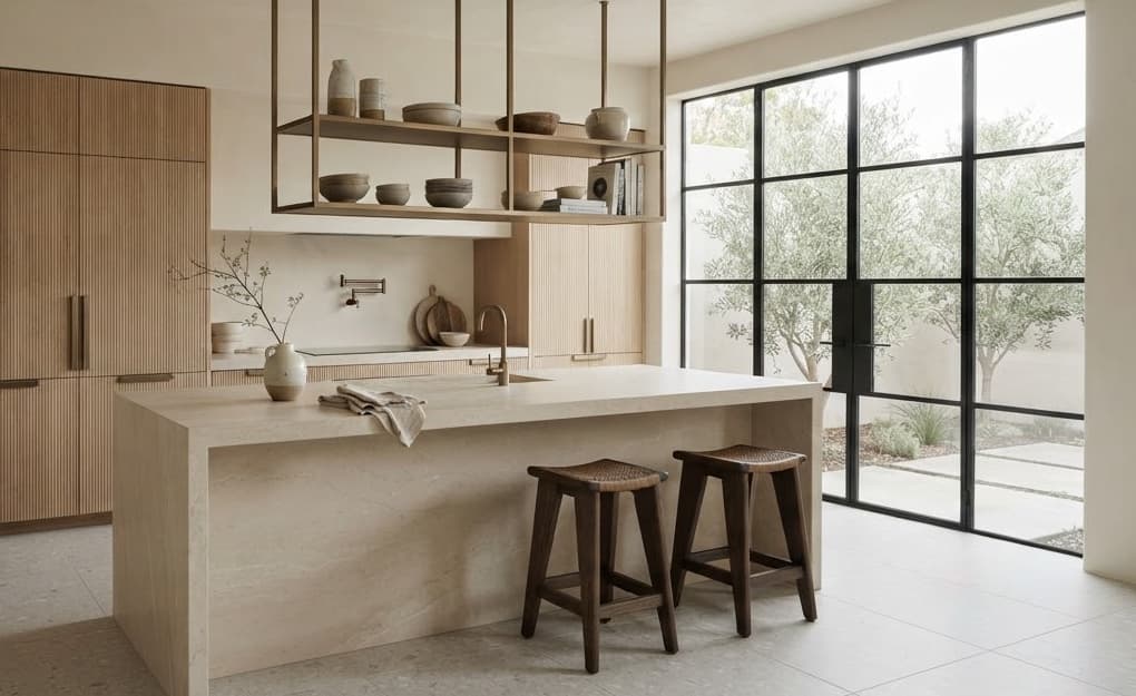 Architectural modular kitchen cabinetry and natural wood finishes curated at HILY Wandoor