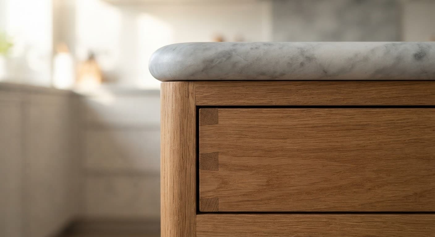 Precision timber substrate joinery, calibrated boards, and natural veneer surfaces