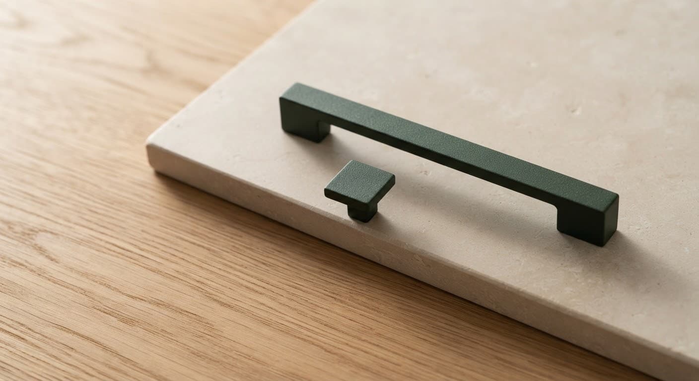Material swatches including calibrated plywood, natural veneer samples, and architectural handles at HILY
