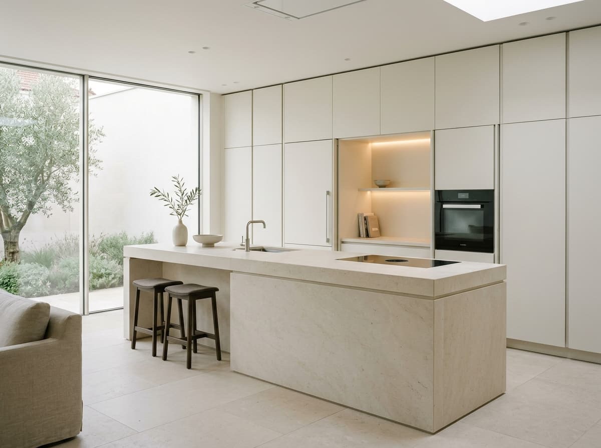 Contemporary modular kitchen installation with integrated storage and clean architectural lines