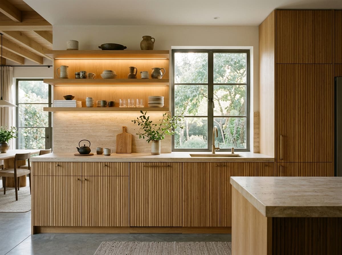 Warm vertical fluted wooden louvers and architectural decorative wall panels in modern living space