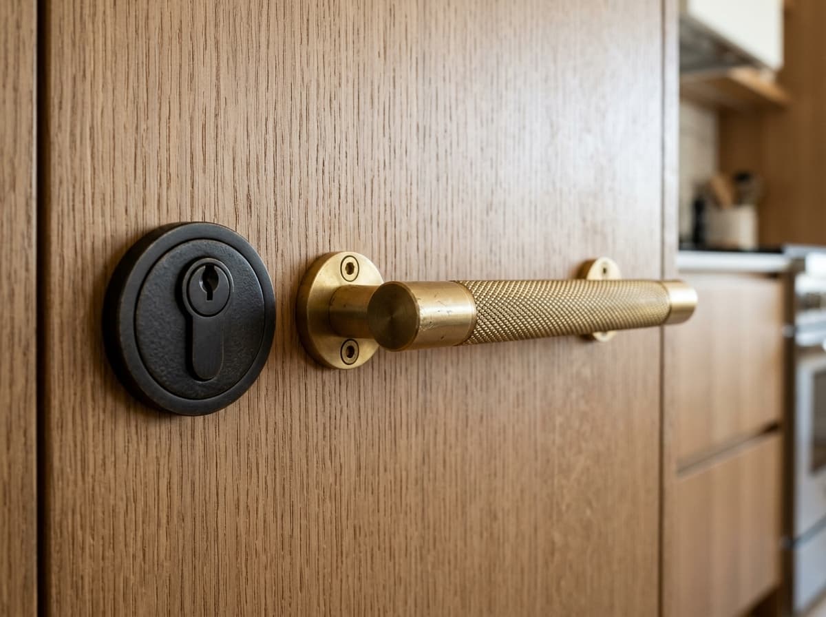 Luxury knurled brass handles, cabinet hardware, and architectural security locks