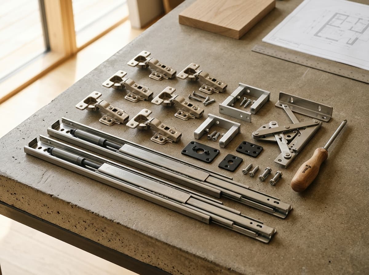 Precision soft-close steel drawer runners, concealed cabinet hinges, and mechanical interior fittings