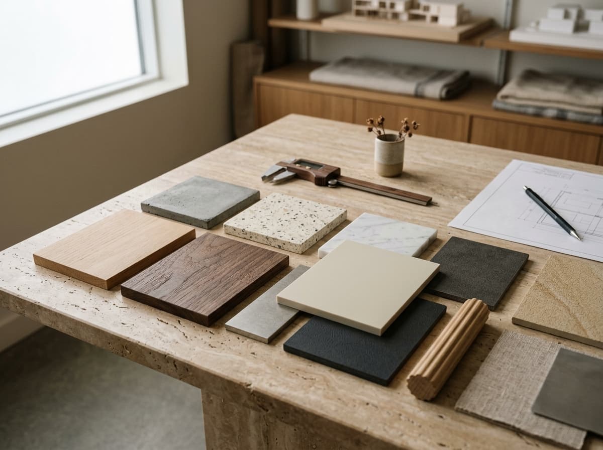 Curated interior wood veneer samples, acrylic finishes, and high-pressure decorative laminates