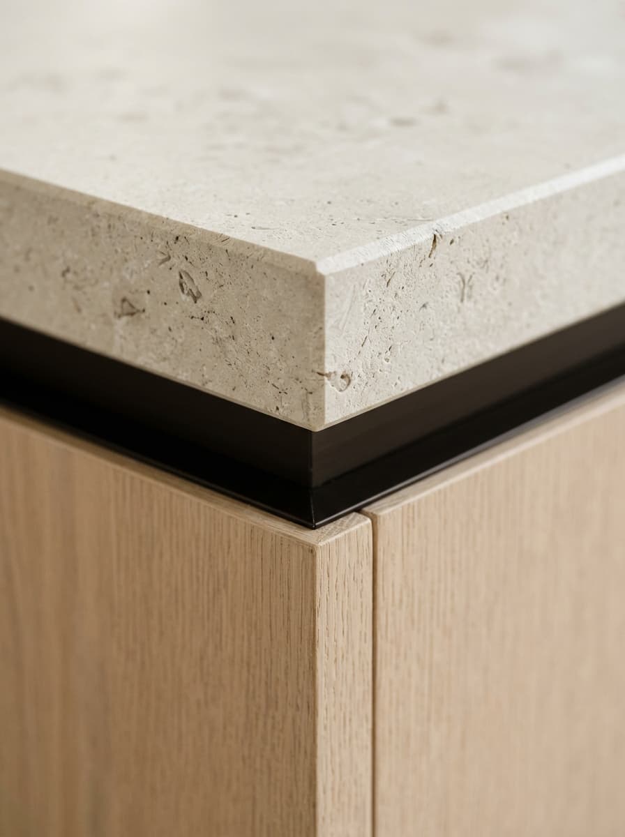 Architectural shadowline detail meeting honed surface textures and contemporary hardware