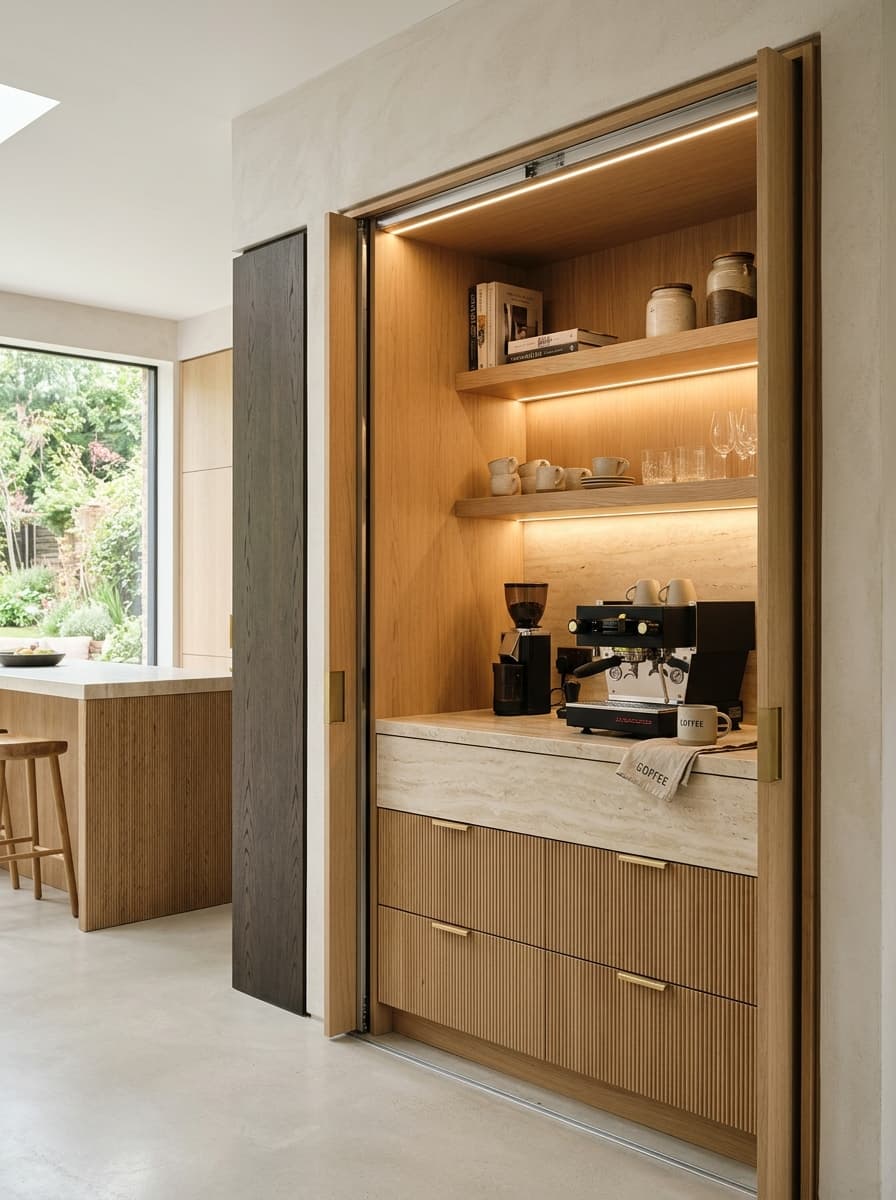 Compact architectural kitchen design for an urban apartment with pocket doors and illuminated oak bar shelving