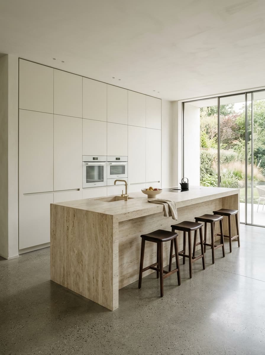 Contemporary minimal modular kitchen joinery with full-height matte bone cabinets, honed travertine island, and built-in appliances