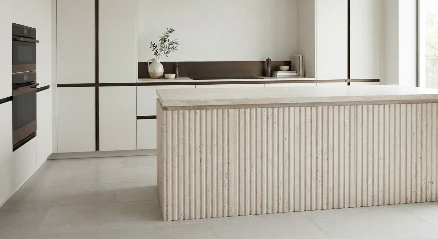 Handleless luxury kitchen detail showcasing dark bronze recessed shadowline handle profiles and fluted travertine island