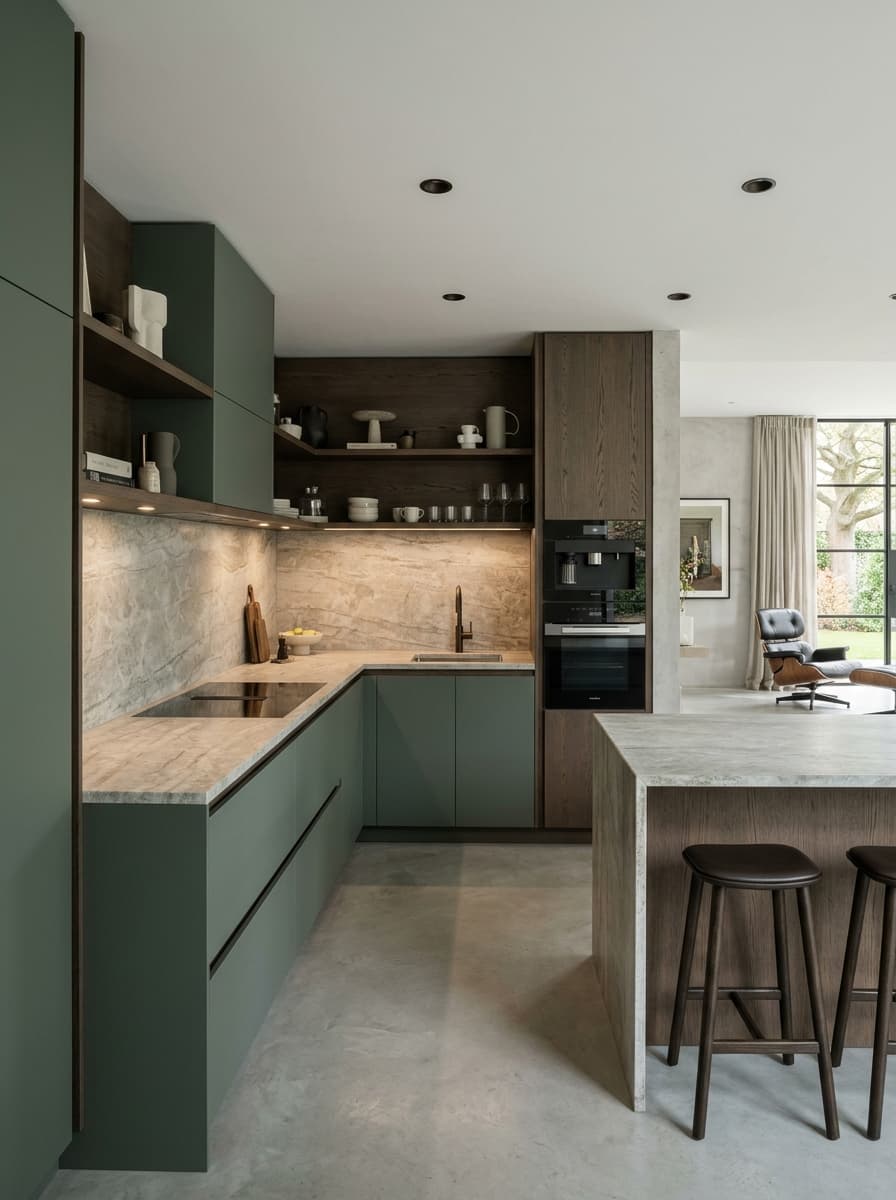 Modern architectural modular kitchen showing high-precision casework architecture and matte sage green island base
