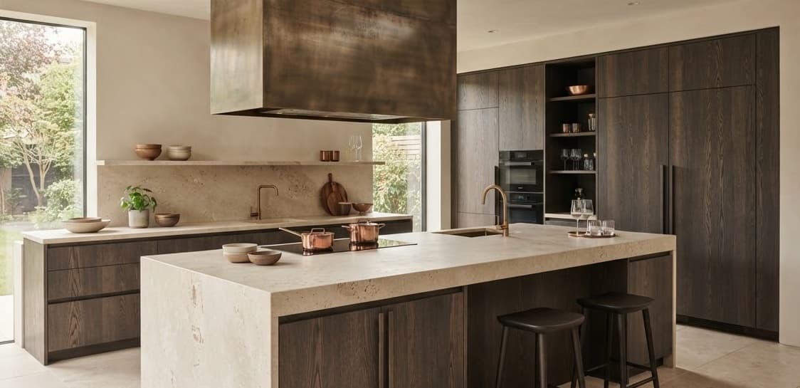 Sculptural kitchen interior combining massive honed Jura limestone worktops with patinated bronze hood and smoked oak cabinets