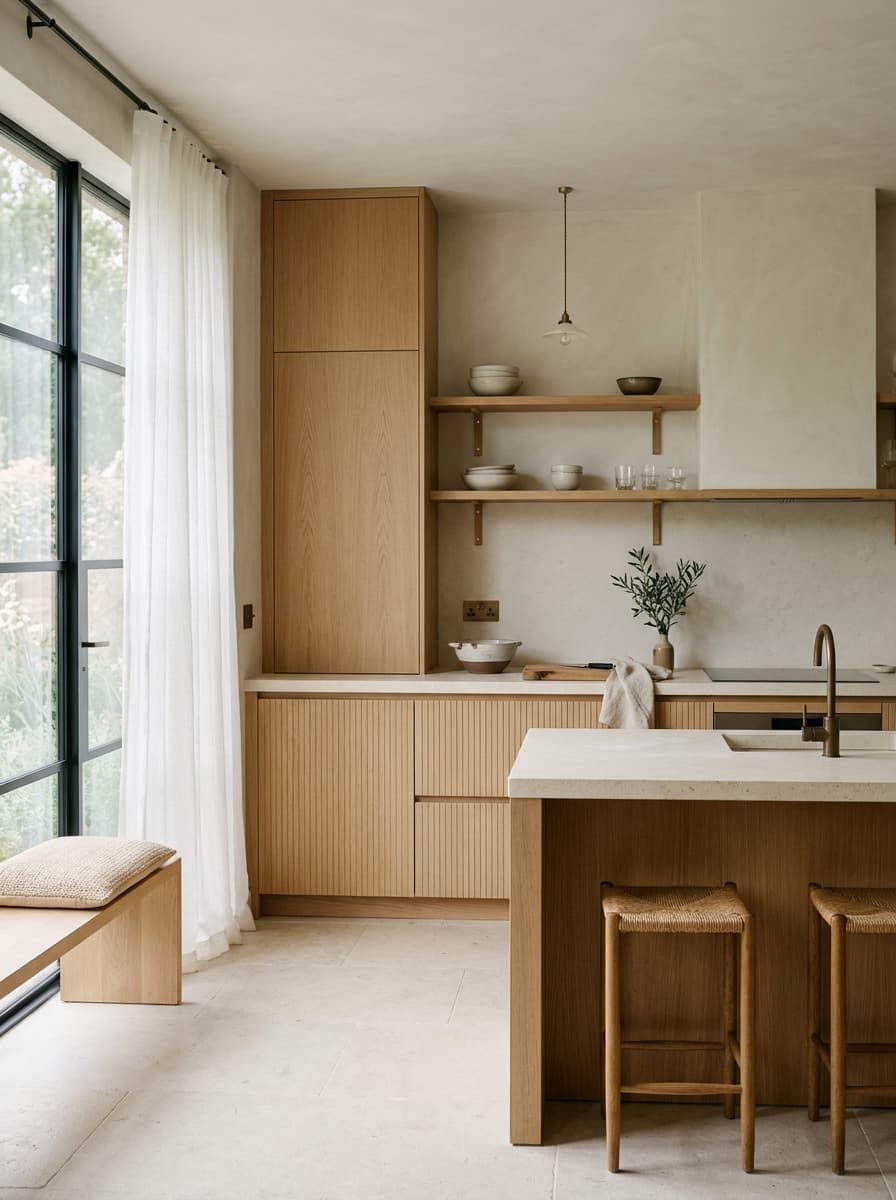 Warm natural wood kitchen setup with vertical grain quarter-sawn white oak cabinetry, sheer curtains, and natural stone worktop