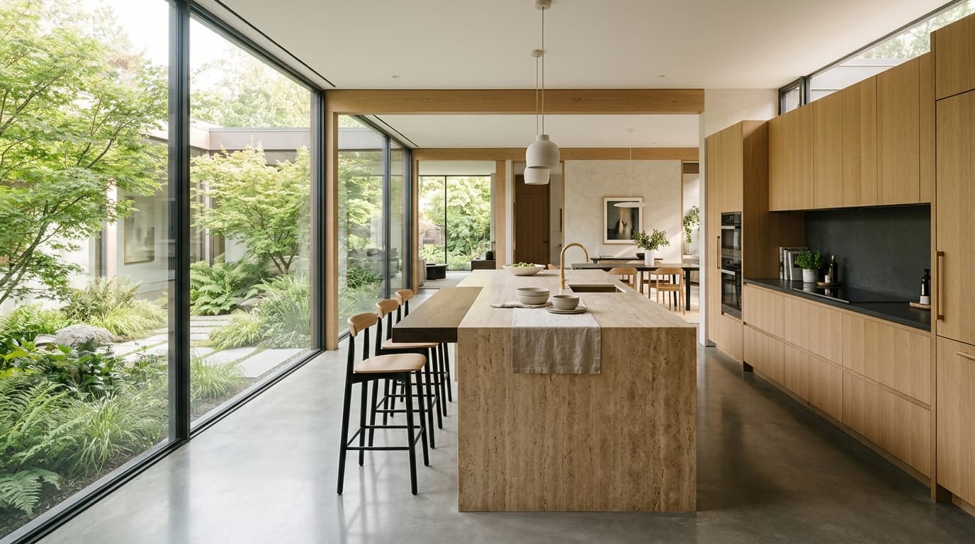 Panoramic photograph of contemporary modular kitchen cabinetry with natural wood veneers and integrated lighting