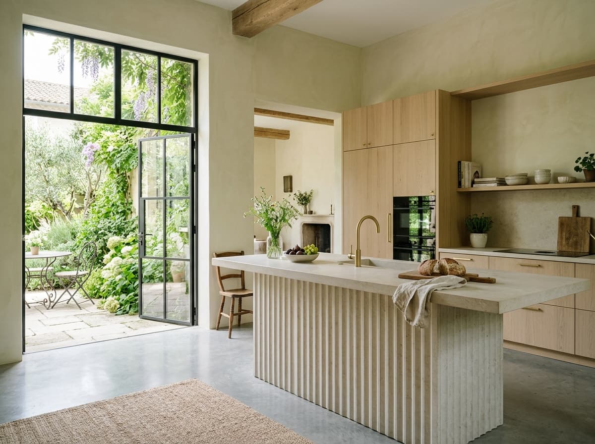 Contemporary modular kitchen interior with warm timber joinery, curated surfaces, and modern architectural fittings